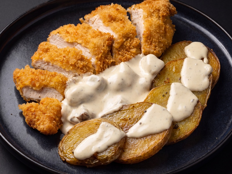 Куриный шницель с картофельными слайсами и грибным соусом